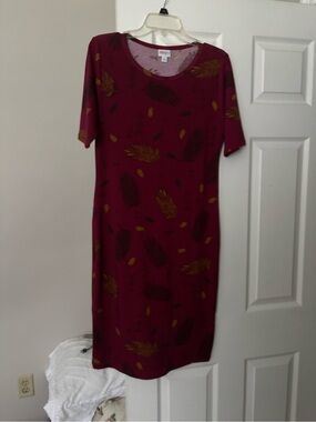 LuLaRoe Midi Dress in Burgundy with Gold Feather Print